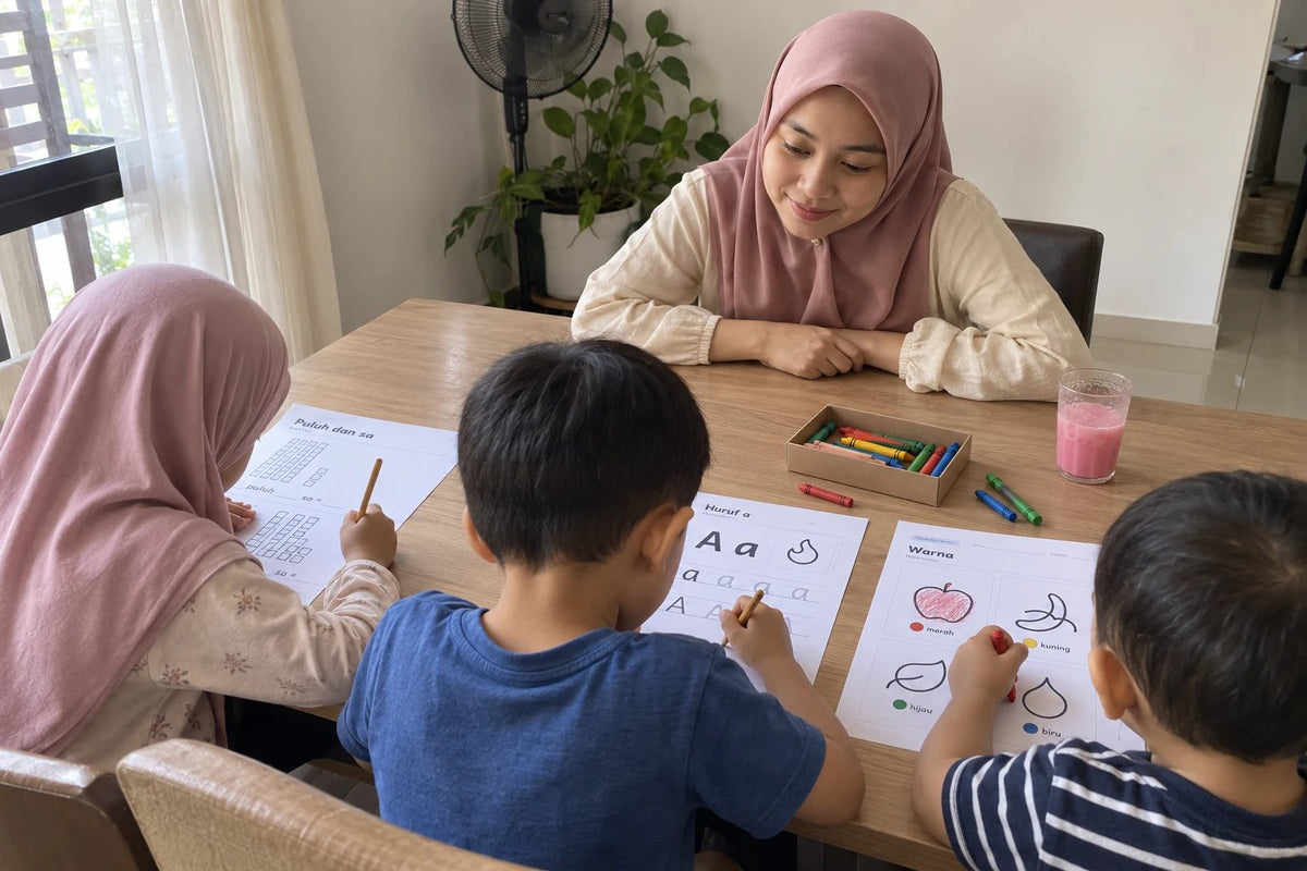 Seorang ibu dan tiga anak membuat latihan bercetak di meja makan