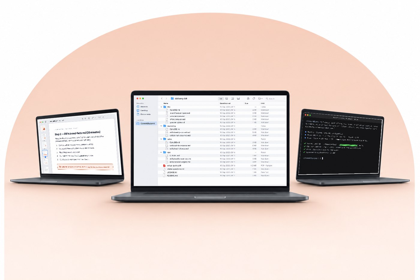 Delivery kit, setup guide and Claude Code hand-off on three laptops