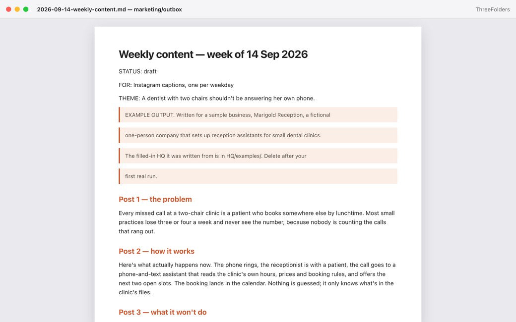 The marketing outbox draft from the sample Monday