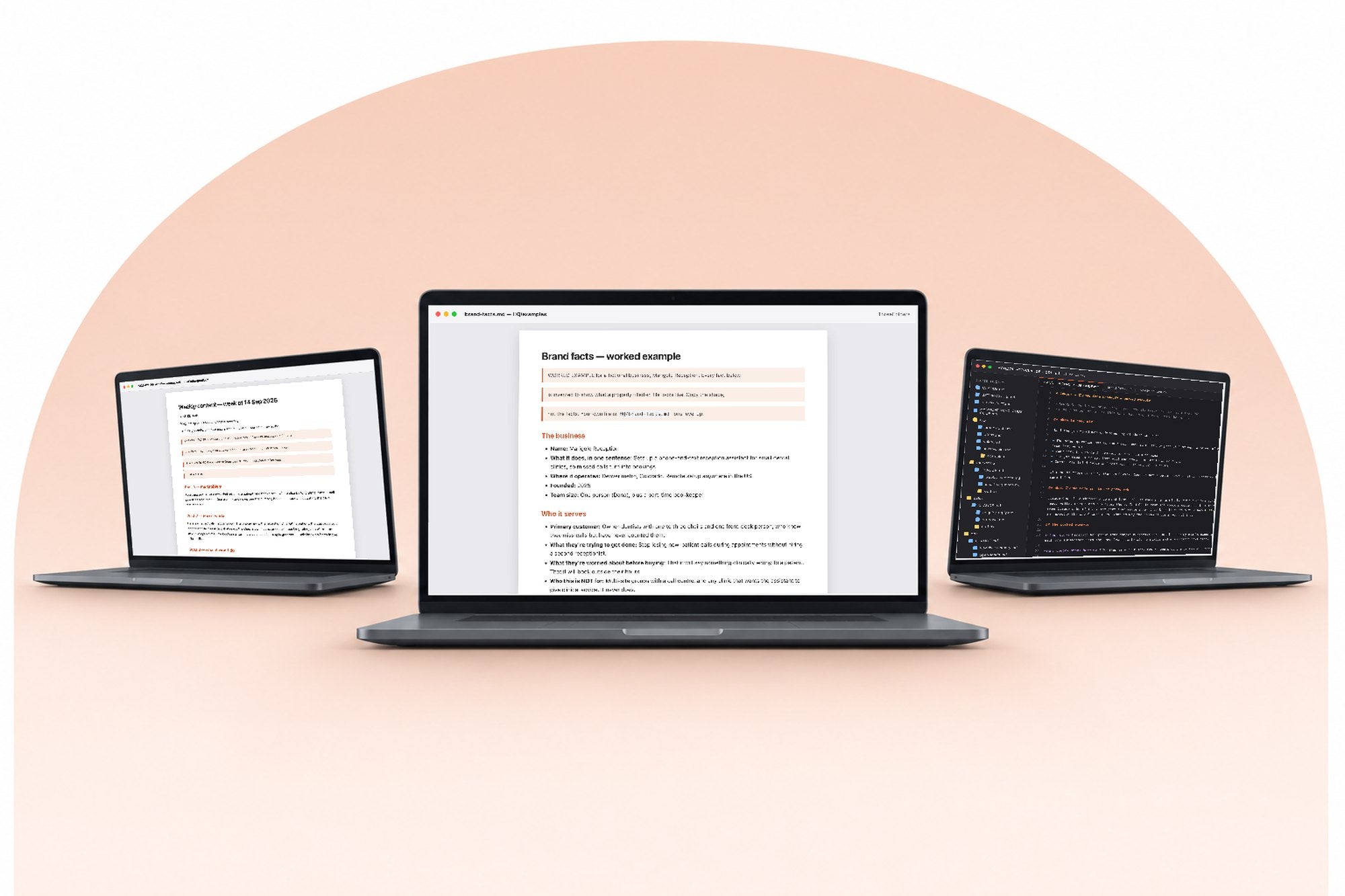 The three bonus files on three laptops: a finished outbox draft, HQ filled in, and the Claude Code hand-off