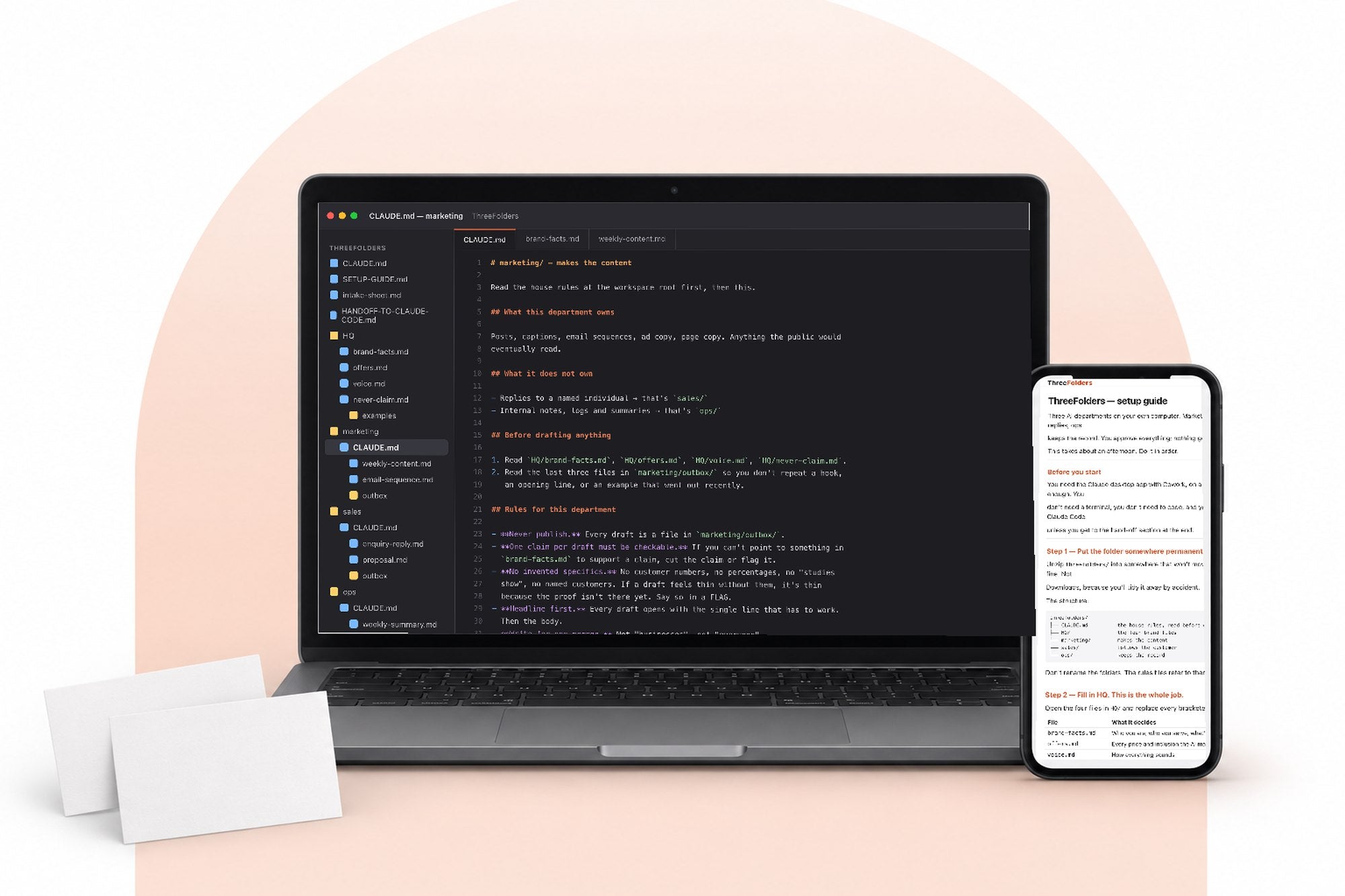 The kit's marketing rules file open in an editor on a laptop, with the setup guide on a phone