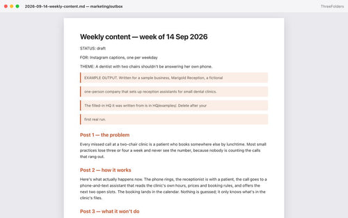 Bonus 1: the marketing outbox draft from the sample Monday