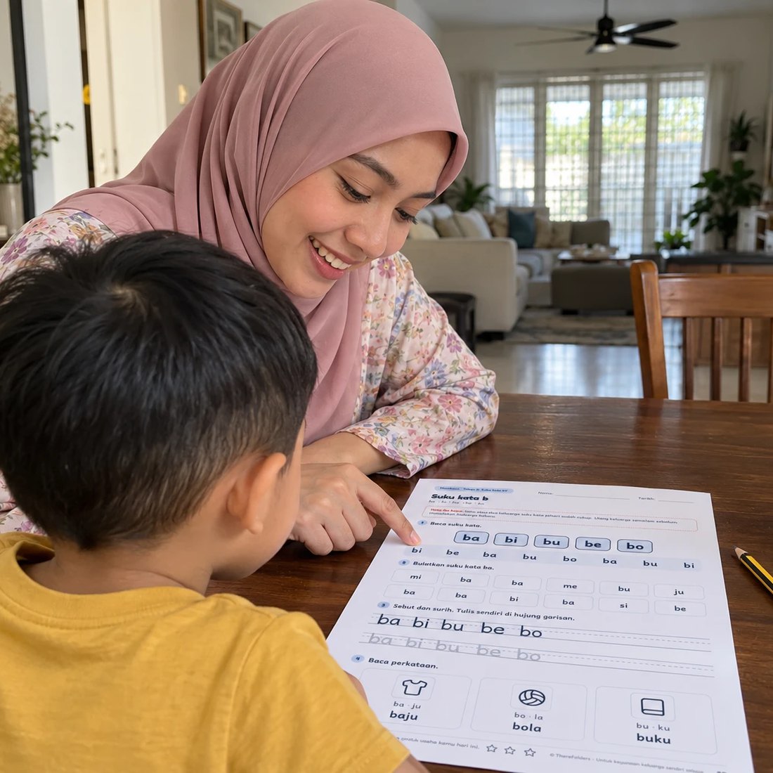 Ibu membimbing anak membaca suku kata di rumah