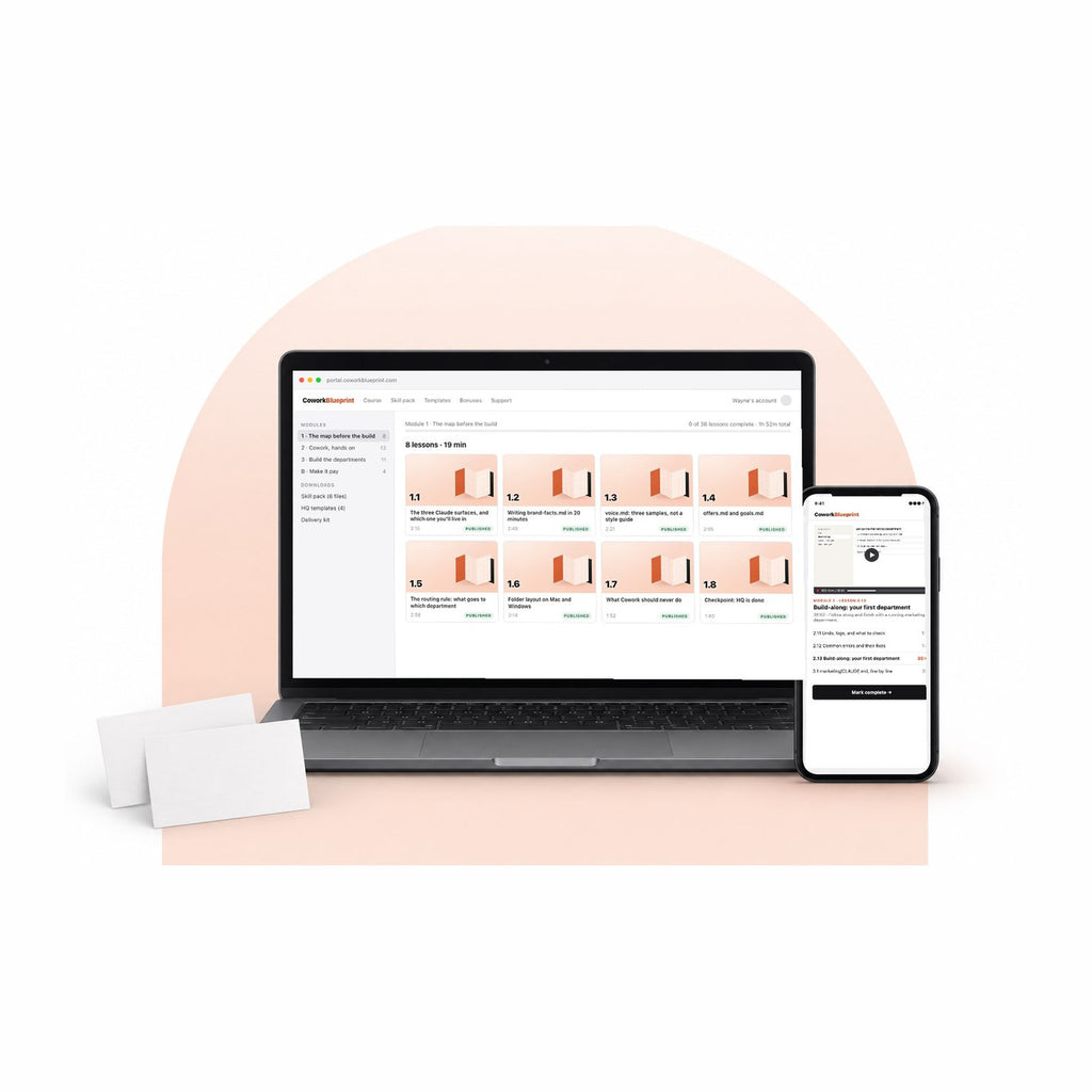 ThreeFolders course portal on laptop and phone