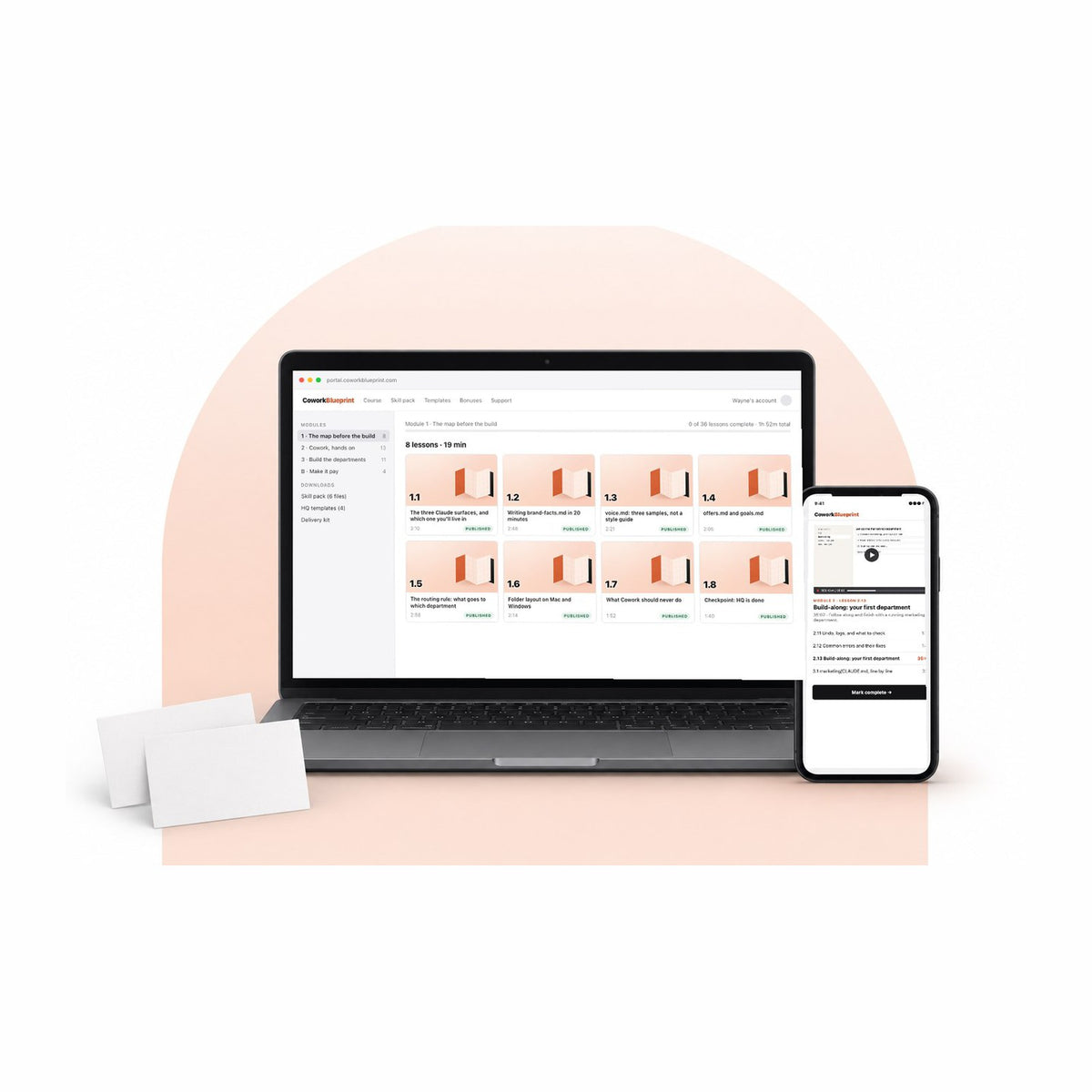 ThreeFolders course portal on laptop and phone