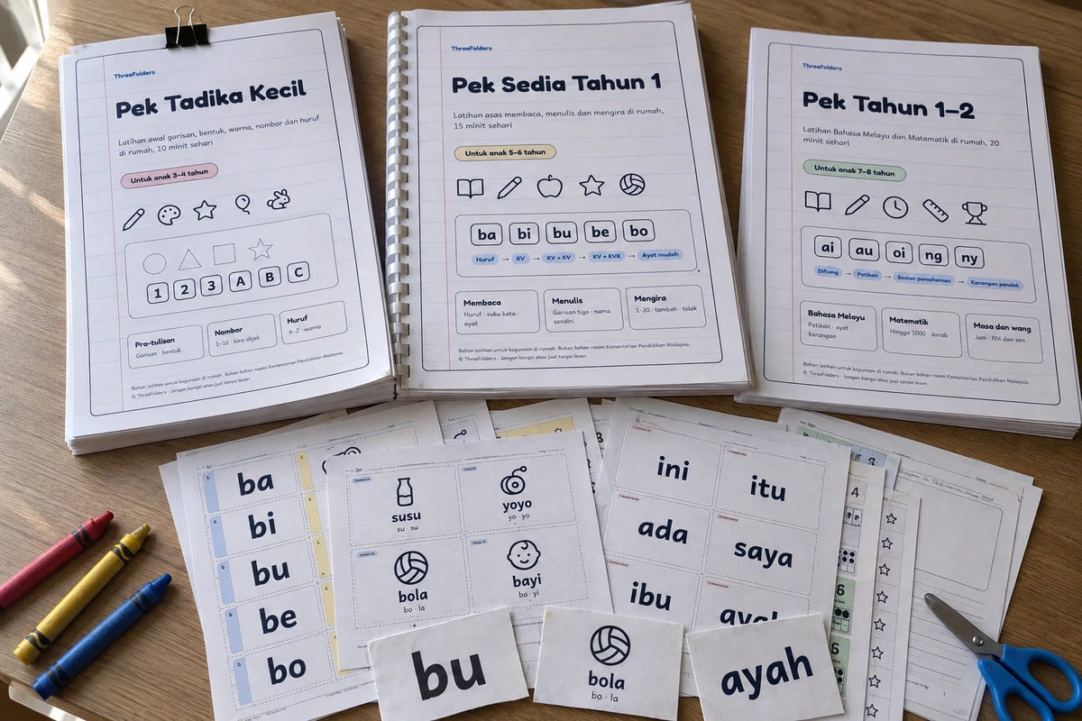 Ketiga-tiga pek dan 7 bonus PDF yang dicetak, disusun di atas meja