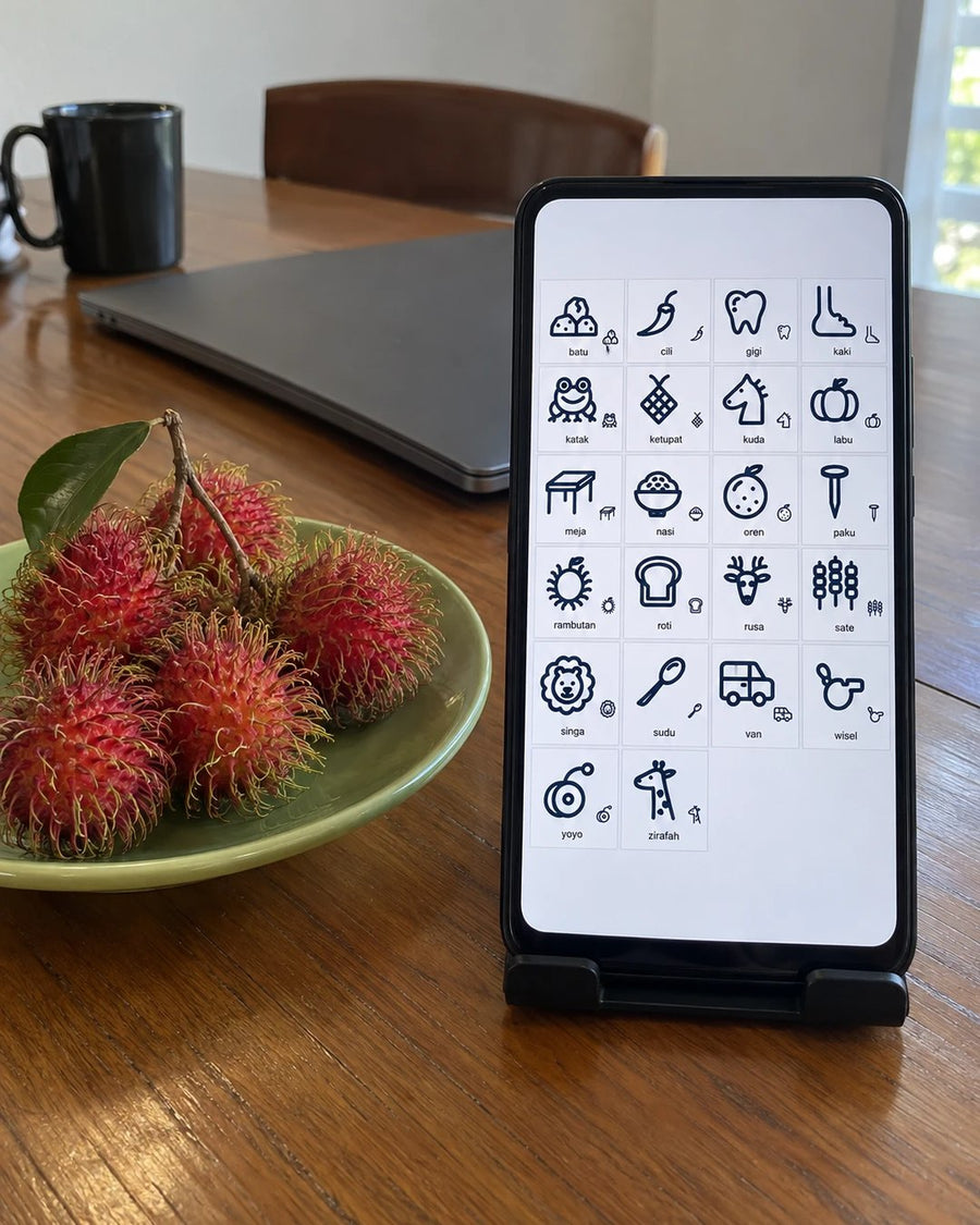 22 gambar dibuat khas untuk pek ini, termasuk ketupat, rambutan, sate dan nasi. (gambar hiasan)