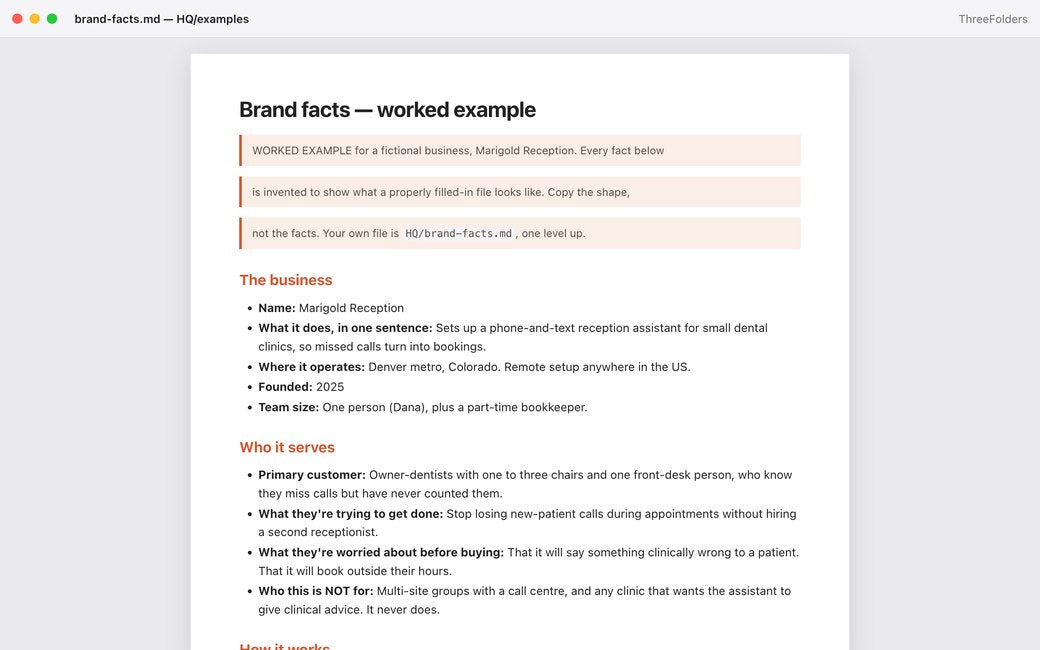 The brand-facts file filled in for the sample business