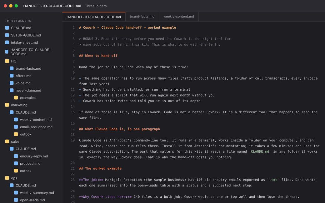 The Cowork to Claude Code hand-off document in an editor