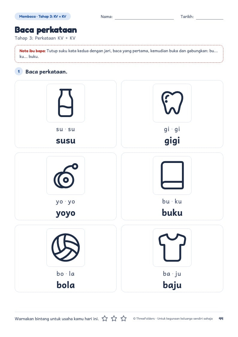 Halaman sebenar daripada pek — Membaca: baca perkataan KV + KV