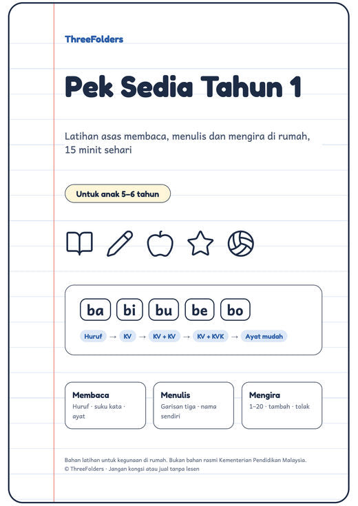 Kulit Pek Sedia Tahun 1, untuk anak 5–6 tahun