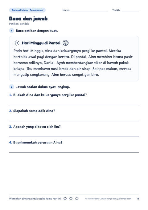 Halaman sebenar Pek Tahun 1–2: Baca dan jawab